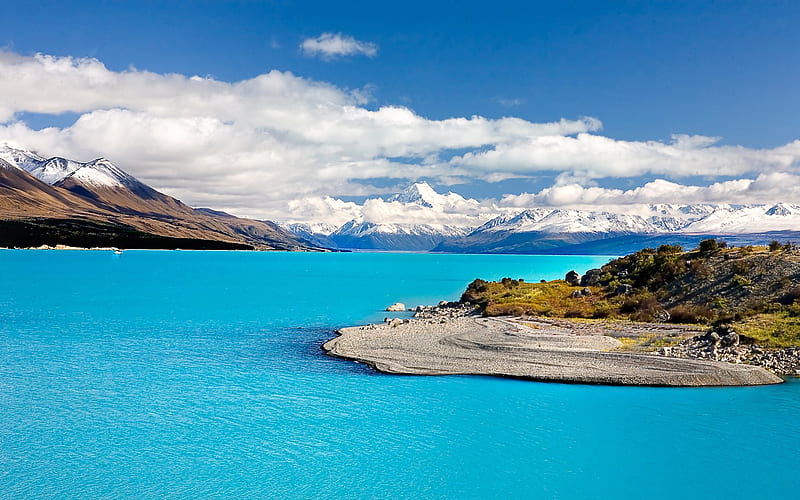 Mt. Cook New Zealand, forest, crystal blue water, summit, ocean, lake, beach, skies, mountain, snow, peak, nature, coast, HD wallpaper