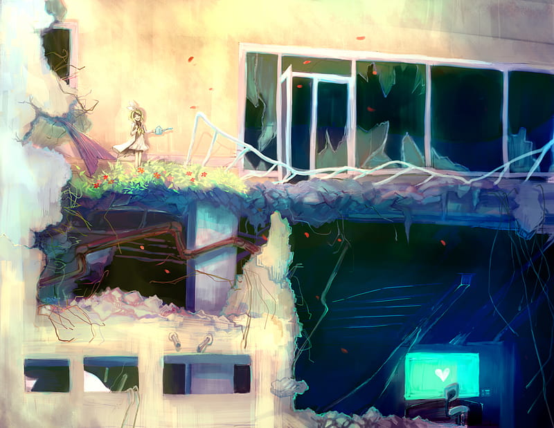 Home, holes, broken, smiling, run down, happy, building, watering, rin, anime, plants, computer, base, kagamine, HD wallpaper