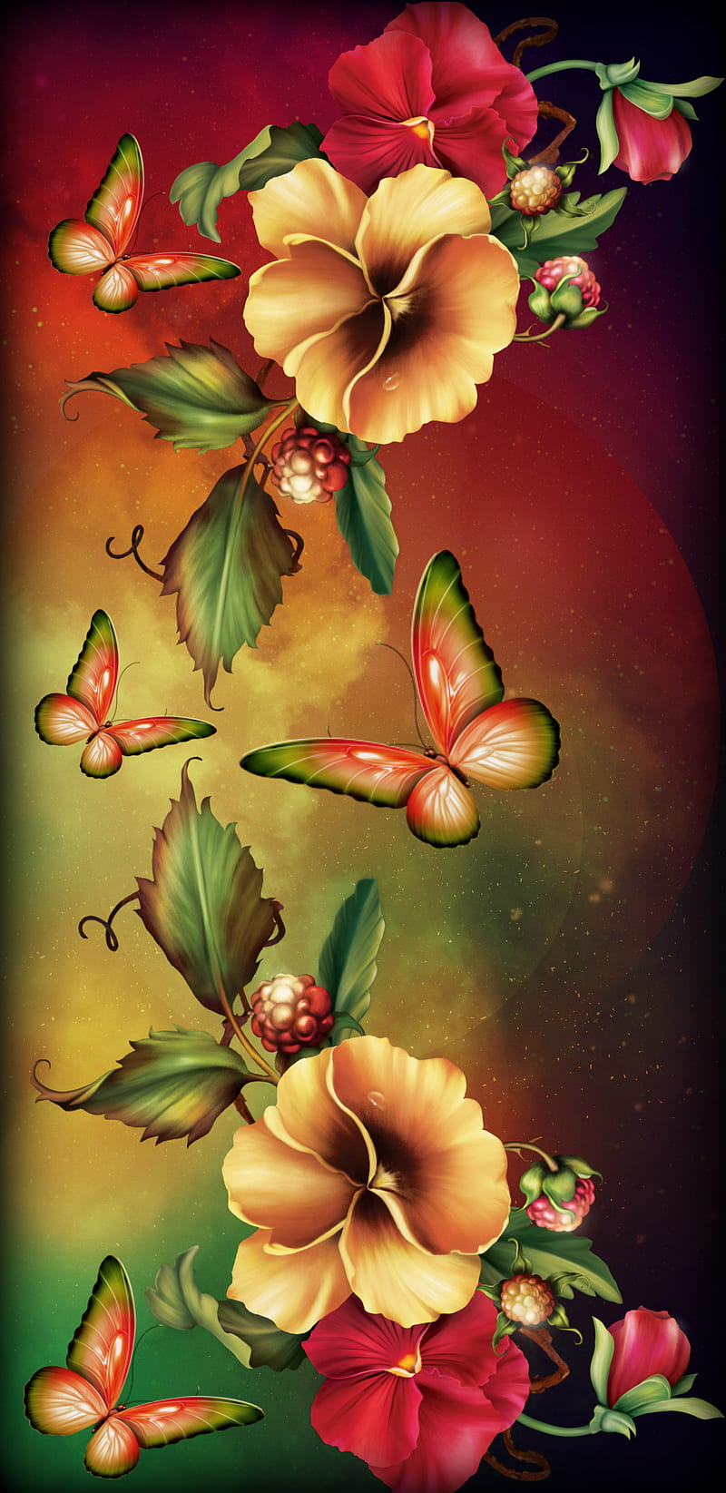 Autumn Colors, butterflies, butterfly, desenho, flower, flowers, rose, HD phone wallpaper