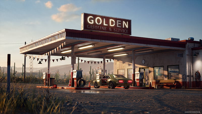 Golden Gasoline Desert Gas Station, artist, artwork, digital-art, artstation, gas-station, HD wallpaper