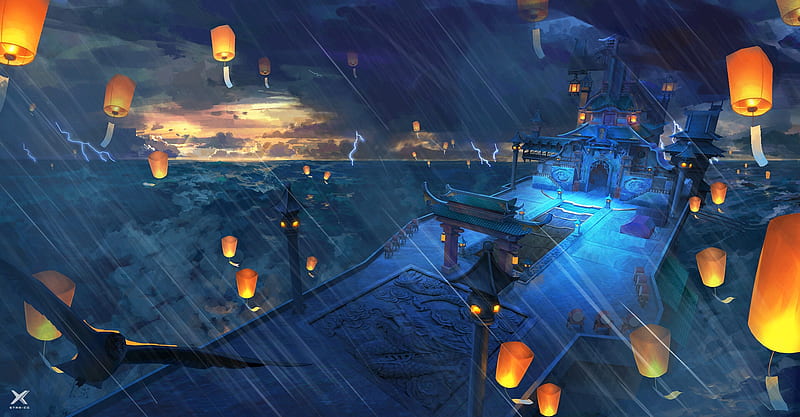 Fantasy asian world, lanterns, lightning, storm, clouds, darkness ...