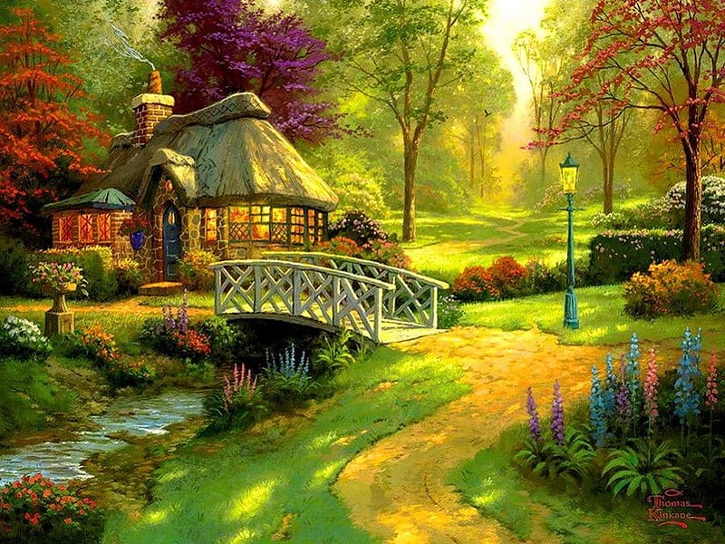 Fairytale cottage, River, Bridge, Hut, Forest, Trees, Road, HD wallpaper