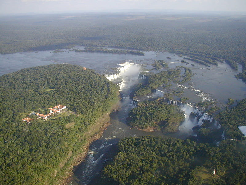 Iguazu Falls aerial panorama, waterfall, nature, bonito, panoramic, HD wallpaper