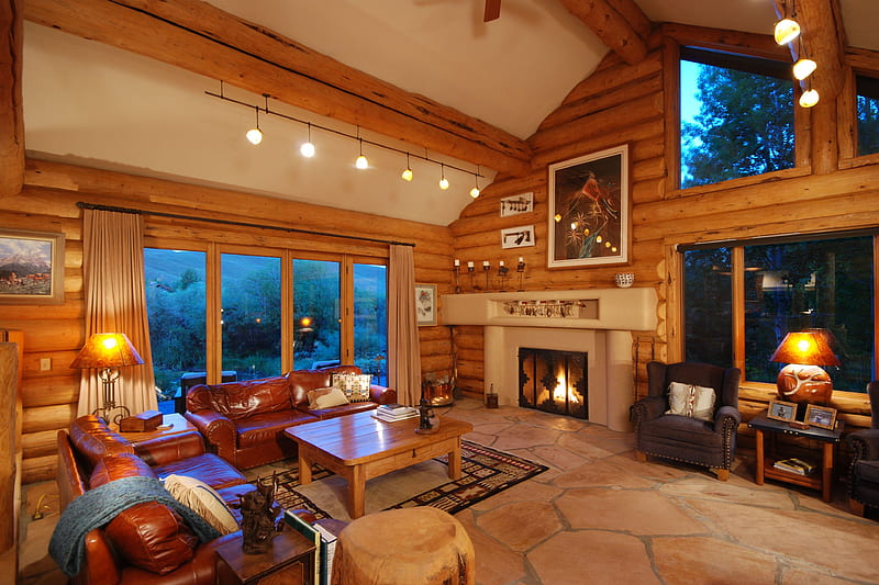 Lodge Style Winter Cabin Great Room, architecture, rooms, cabins, houses, HD wallpaper