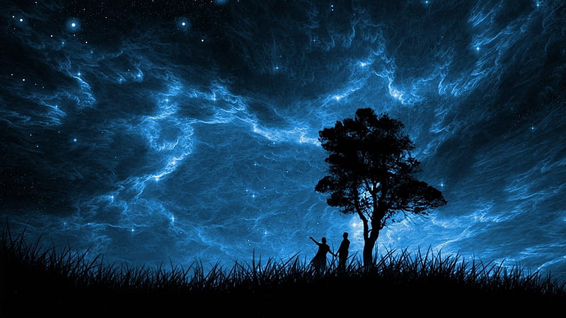 Summer night, stars, cloud, luminos, black, silhouette, tree, fantasy, summer, couple, night, HD wallpaper