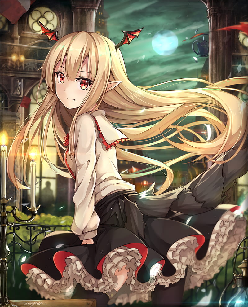 pointy ears, red eyes, blue skin, antlers, anime, pr