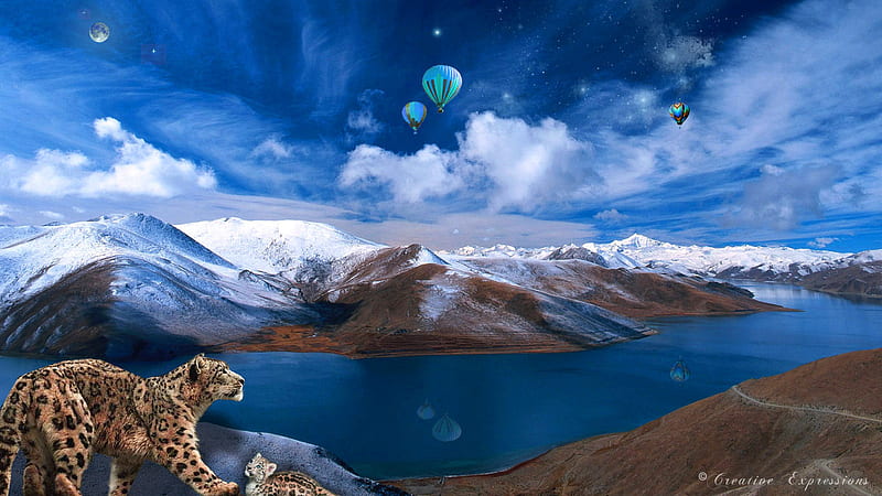 Watching the Balloons Go By, hot air balloons, leopards, landscape, mountains, HD wallpaper