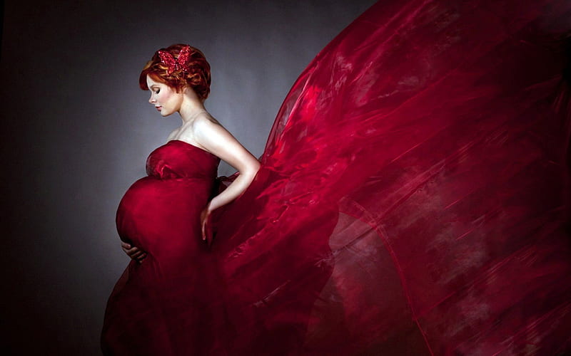 Pregnant woman modeling, art, red dress, pregnant, model, woman, HD wallpaper