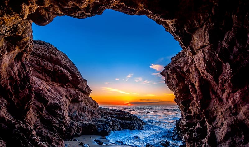 Sunset, Sea, Sun, Beach, Caves, Horizon, Ocean, , Cave, HD wallpaper ...