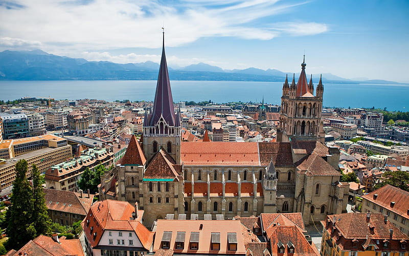 Lausanne Cathedral, Cathedral of Notre Dame of Lausanne, cathedral, summer, Lausanne cityscape, panorama, Lausanne, Switzerland, HD wallpaper