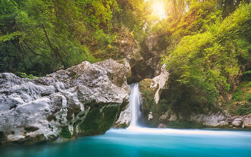 rainforest, blue lake, rocks, waterfall, lake, summer, shrubs, HD wallpaper