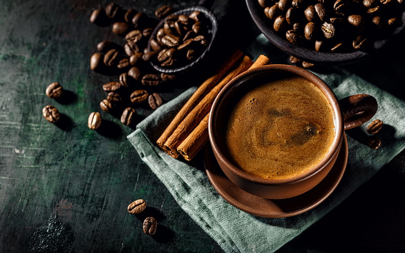 coffee, brown cup, coffee beans, brown sticks, cappuccino, black coffee, HD wallpaper
