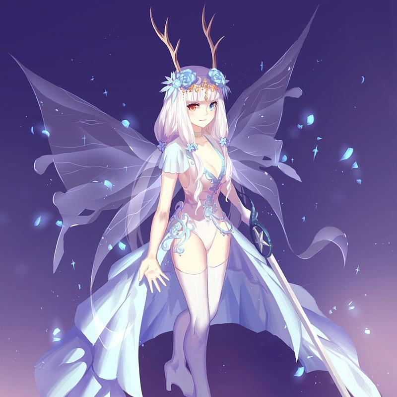 Butterfly Wings, dress, blond cg, bonito, magic, wing, sublime, fantasy, anime, hot, beauty, anime girl, long hair, gorgeous, fairy, female, wings, gown, blonde, blonde hair, sexy, blond hair, plain, girl, horn, simple, lady, angelic, maiden, HD wallpaper