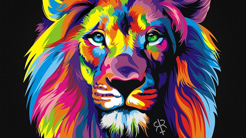 Lion, red, colorful, art, orange, black, yellow, rainbow, abstract, animal, fantasy, green, pink, blue, HD wallpaper
