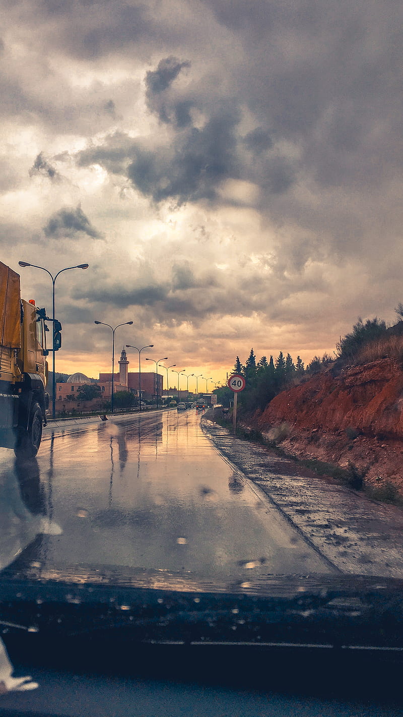 Cloudy Day, car, clouds, new, rain, rainy day, road, traveling, truck, winter, HD phone wallpaper