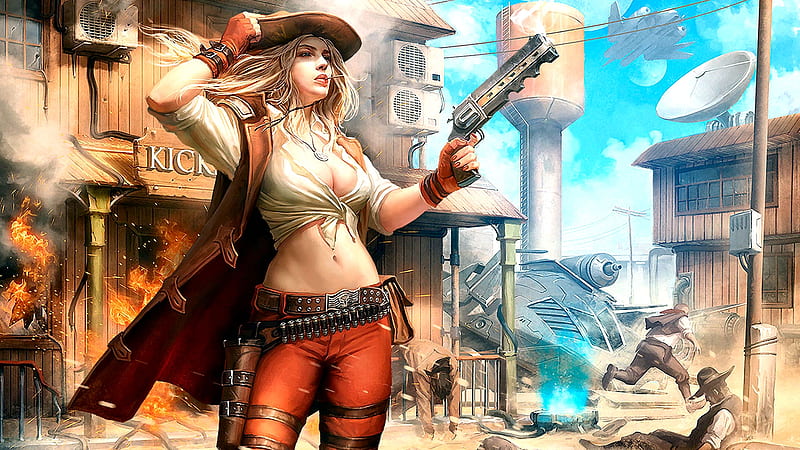 Kicking Cowgirl. ., cowgirl, digital art, outdoors, women, fantasy, NRA, 3D, anime, girls, blondes, pistol, hats, female, ranch, holster, western, cowboys, HD wallpaper