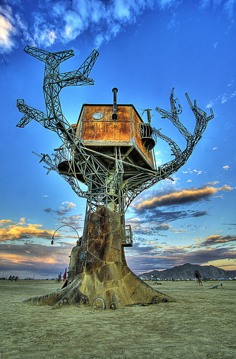 steampunk, metal, Burning Man, desert, portrait display, festivals, house, trees, clouds, rust, construction, mountains, nature, R, HD phone wallpaper