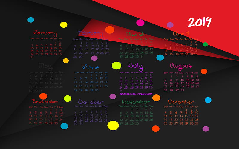 Calendar 2019, material design, 2019 Yearly Calendar, creative, abstract art, Year 2019 Calendar, artwork, 2019 calendars, lines, 2019 calendar, HD wallpaper