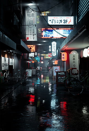 city, 3D, japon, kanji, text, bicycle, road, wet, vertical, portrait display, night, city lights, street, HD phone wallpaper