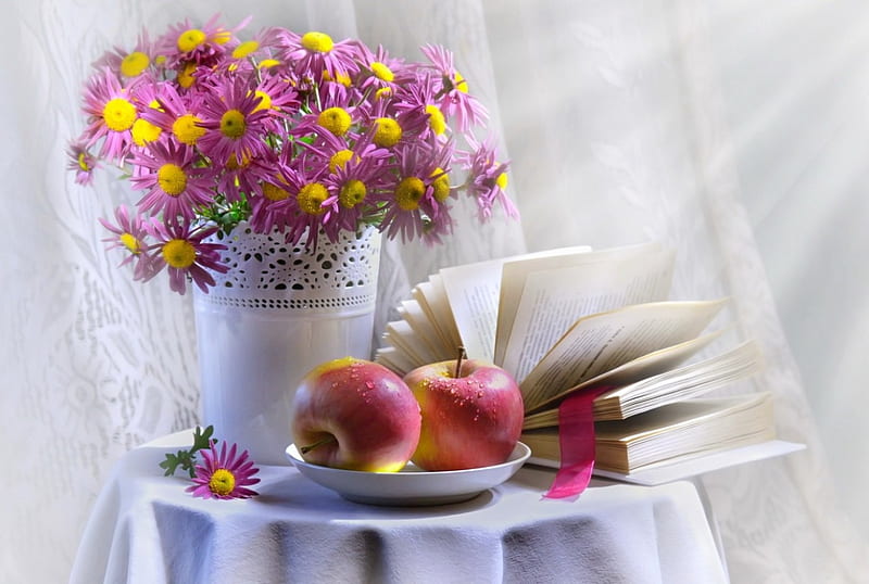Still life, pretty, table, lovely, pages, apples, fruits, book, vase, bonito, spring, softness, flowers, HD wallpaper