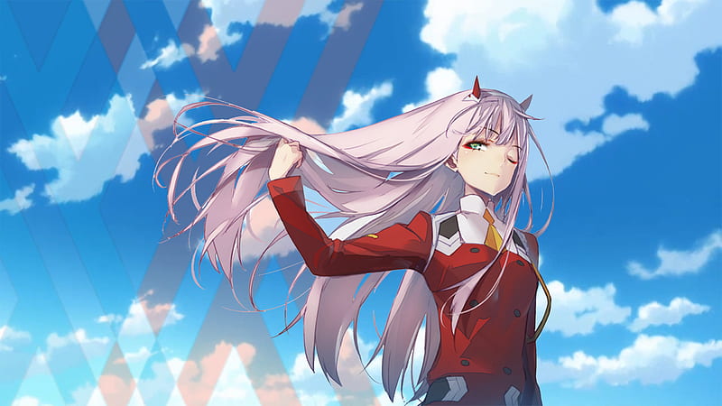 Darling In The FranXX Zero Two Hiro Zero Two Blink One Eye With Long Pink Hair With Background Of Blue Sky And Clouds Anime, HD wallpaper