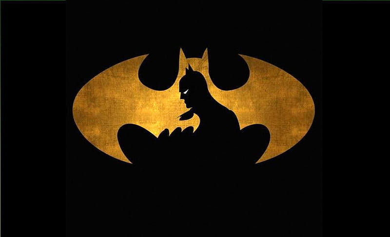Batman in sign, gold, logo, superhero, sign, batman, HD wallpaper
