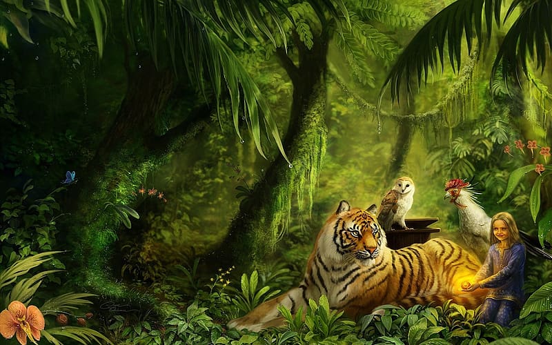 Fantasy, Owl, Bird, Forest, Tree, Lion, Tiger, Artistic, Child, Jungle, Little Girl, Rainforest, HD wallpaper