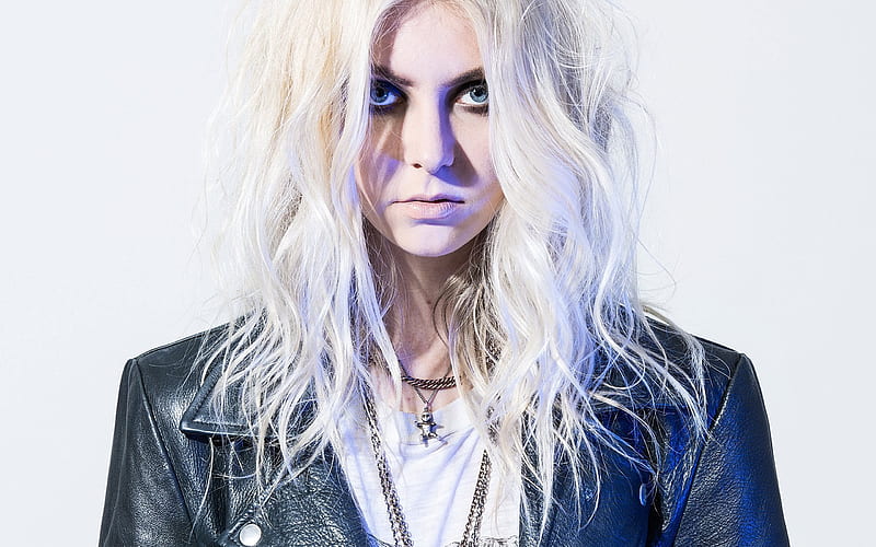 Taylor Momsen, actress, blonde, black leather jacket, make-up, blue eyes, HD wallpaper