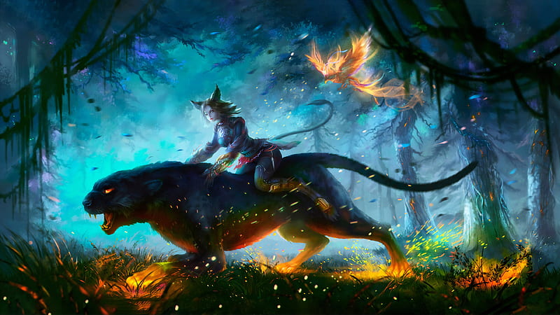 Lion Warrior Girl In Magical Forest For Hunt , warrior, fantasy, artist, artwork, digital-art, creature, HD wallpaper