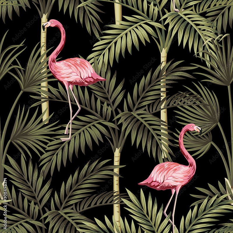 Tropical vintage pink flamingo and palm trees floral seamless pattern black background. Exotic jungle . Stock Vector, HD phone wallpaper