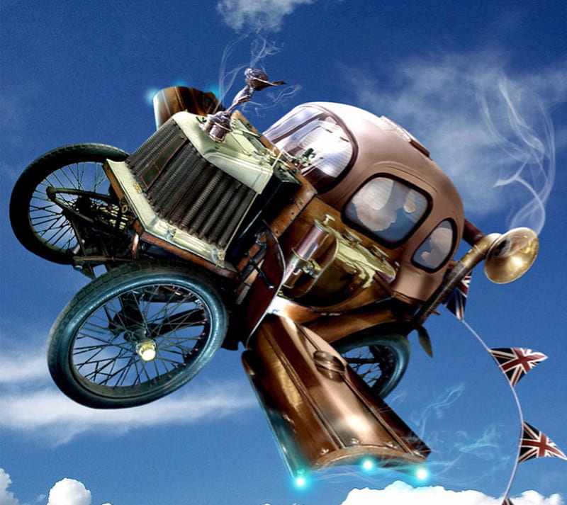 Steampunk Flying Car, Steampunk, Car, Digital, Flying, Abstract, Art, Fantasy, HD wallpaper