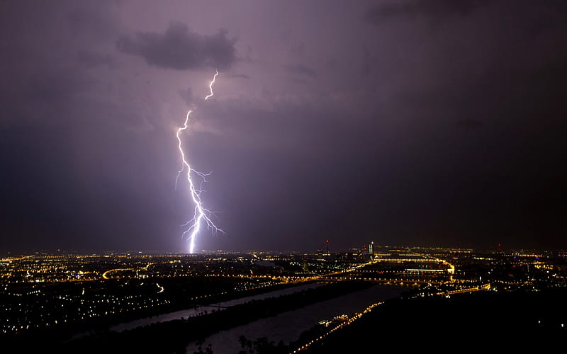 LIGHTNING in VIENNA, Tower, Yellow, Cloud, sky, Lightning, city, Vienna, River, Night, HD wallpaper