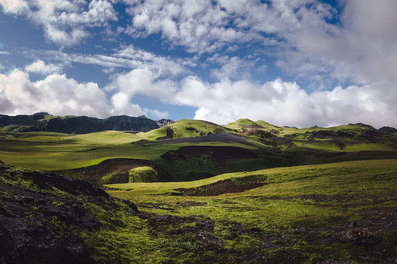 green open field under dramatic clouds during daytime, HD wallpaper