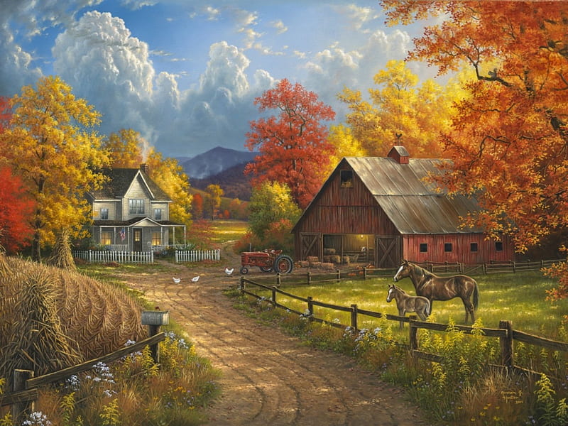 Country Blessings, fence, fall, autumn, grass, homestead, country, trees, blessings, foliage, barn, painting, path, nature, HD wallpaper