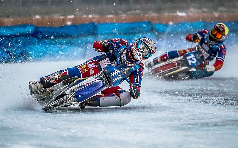 speedway, track motorcycle racing, winter, ice racing, extreme sports, HD wallpaper