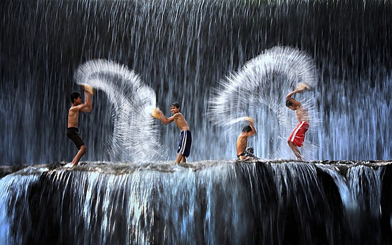 Splash, kid, boys, boy, water, waterfall, kids, play, HD wallpaper