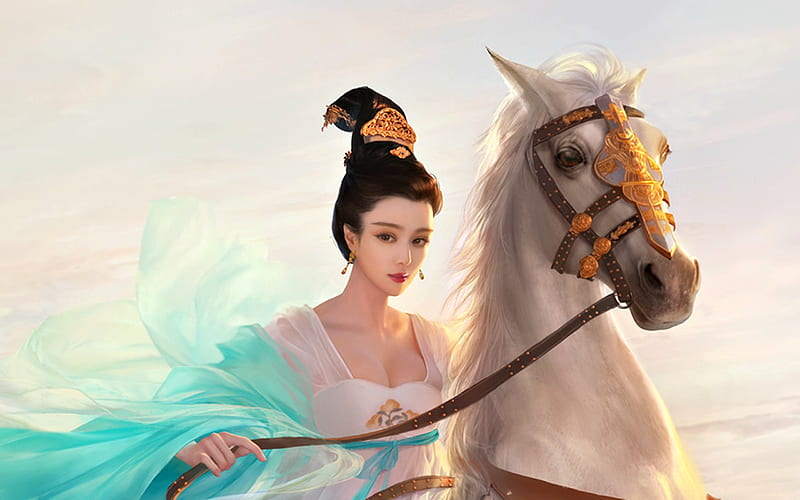 Empress of China, frumusete, luminos, fan bingbing, china, dacongjun, horse, woman, fantasy, girl, da congjun, empress, blue, HD wallpaper