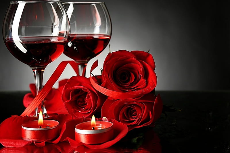 Red Roses & Wine, glasses, flowers, roses, candles, HD wallpaper