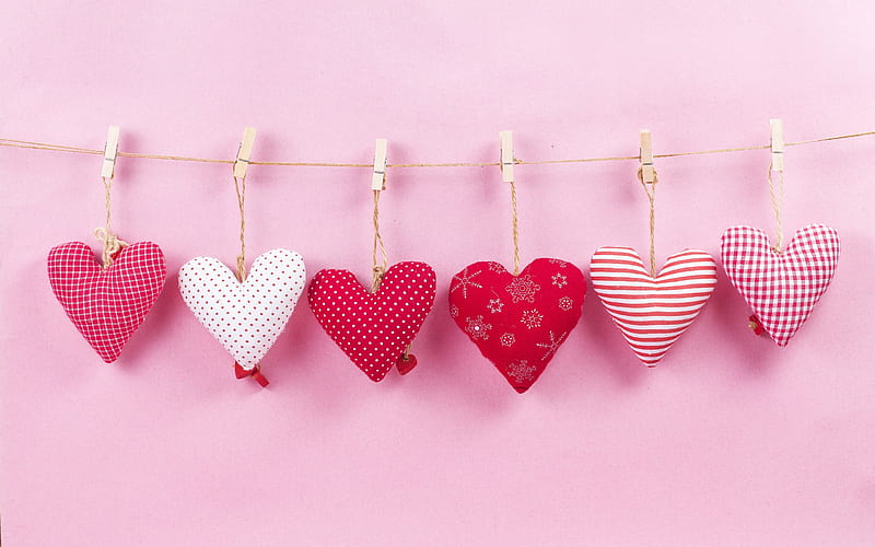 Valentines Day, hearts on a rope, romance, middle, February 14, love concepts, HD wallpaper