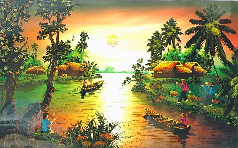 Tropical Paradise, boats, people, painting, far east, river, sunset, artwork, palms, HD wallpaper