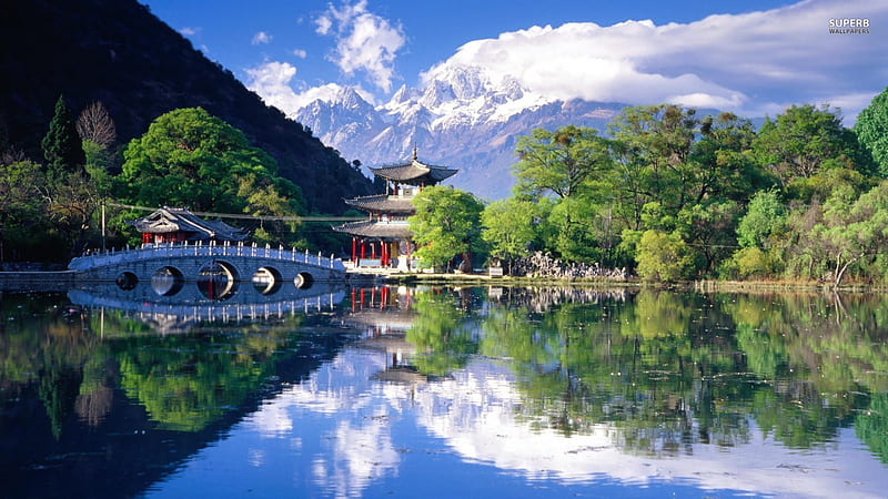 Yunnan China, china, buildings, trees, sky, clouds, lake, water, bridge, mountains, nature, reflection, HD wallpaper