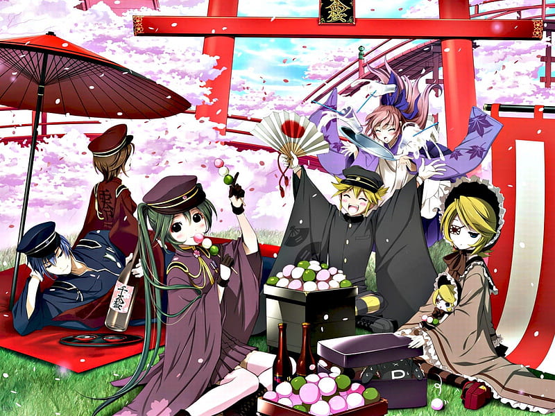 ~Vocaloid~, meiko, vocaloid, hatsune miku, spring, cherry blossoms, kaito, len and rin kagamine, anime, friends, HD wallpaper