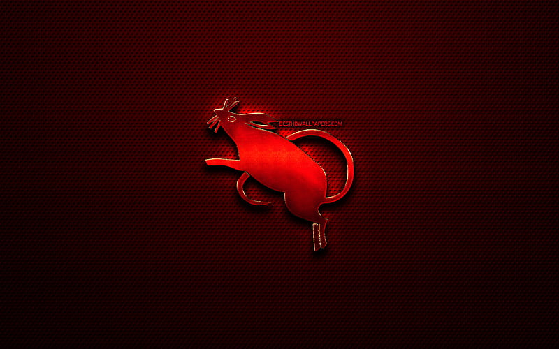Rat zodiac, creative, chinese zodiac metal signs, Chinese calendar, Rat zodiac sign, chinese zodiac, animals signs, red metal grid background, Chinese Zodiac Signs, artwork, Rat, HD wallpaper