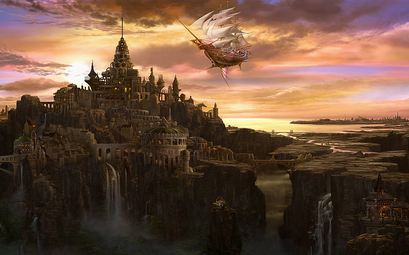Magic City, mountain, city, ship, rock, town, magic, sky, flying boat, HD wallpaper