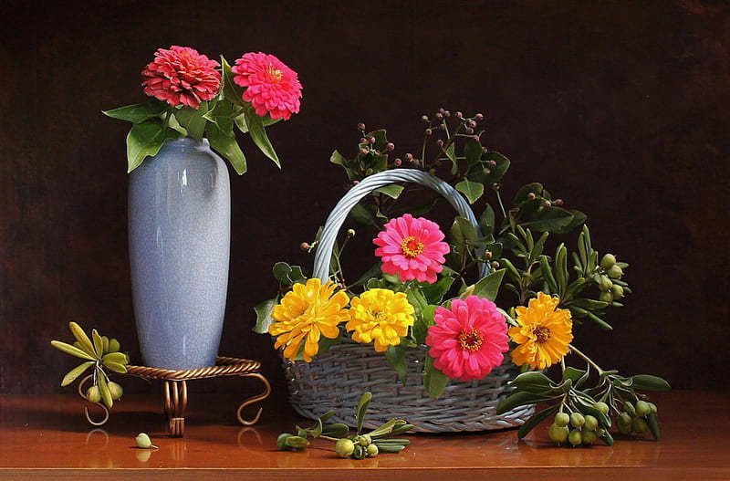 Bright Side of Season, still life, basket, home, flowers, yellow, vase, pink, decor, HD wallpaper