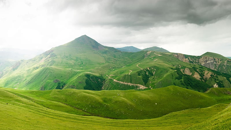 Mountain Landscape, skies, mountain, green, trails, nature, fields, HD wallpaper