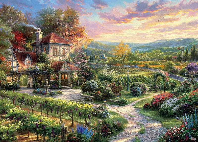 Wine Country Living, art, house, wine, painting, villa, country, pictura, thomas kinkade, HD wallpaper