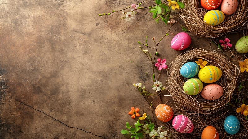 Happy Easter!, brown, pinj, egg, card, yellow, blue, pink, colorful, easter, nest, green, HD wallpaper