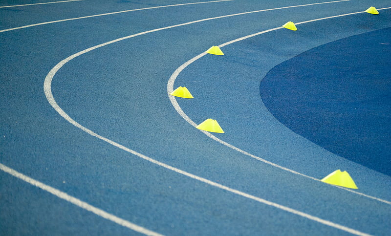 blue curved track field at daytime, HD wallpaper