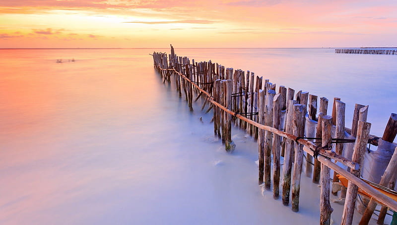 pylons on a caribbean beach at sunset, beach, sunset, pylons, sea, HD wallpaper